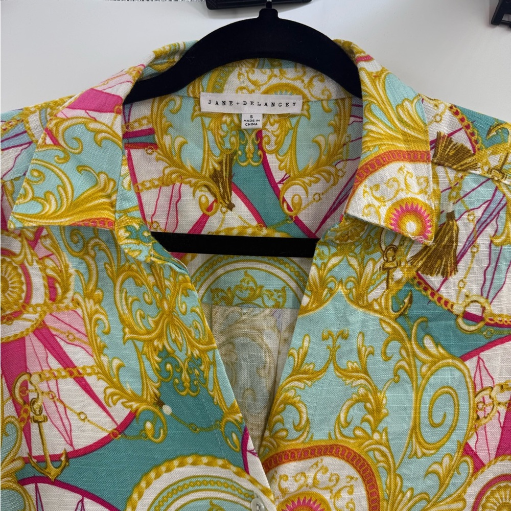 Jane + Delancey Baroque Print Linen Blend Nautical Chain Medallion Top Resort - Picture 7 of 12